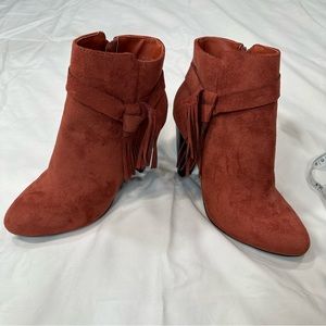 Red suede booties, size 6